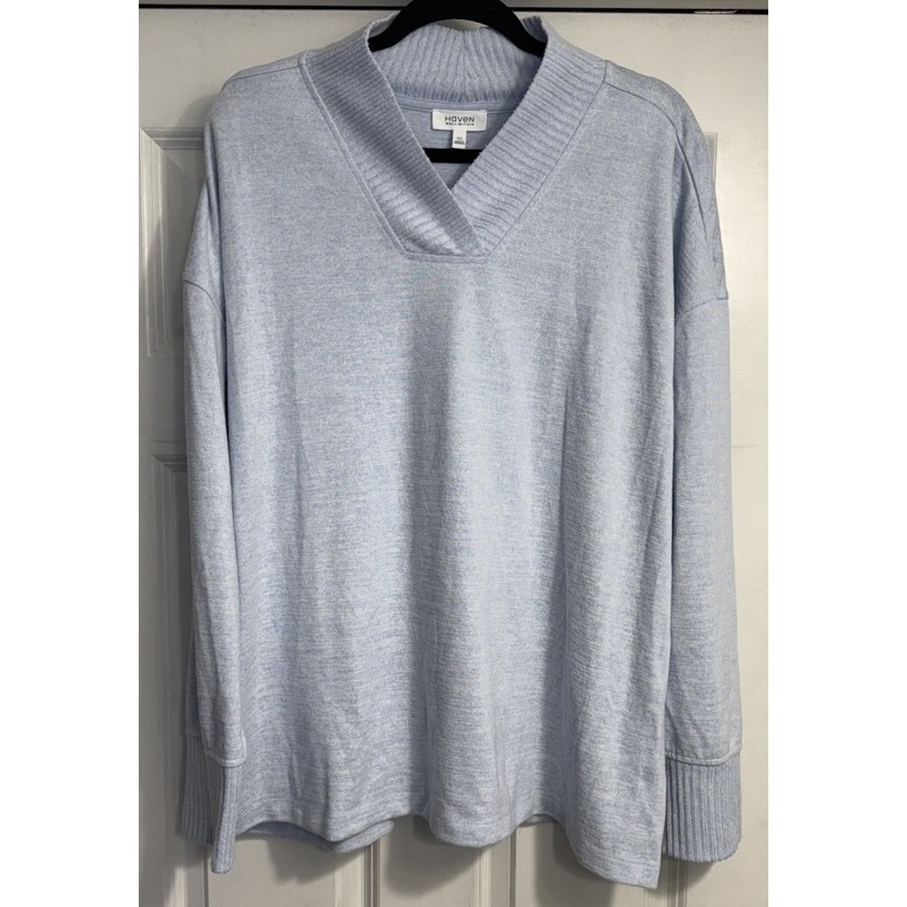 Haven Well Within Womens Rib Detail V Neck Sweater Baby Blue Size XXL Cozy